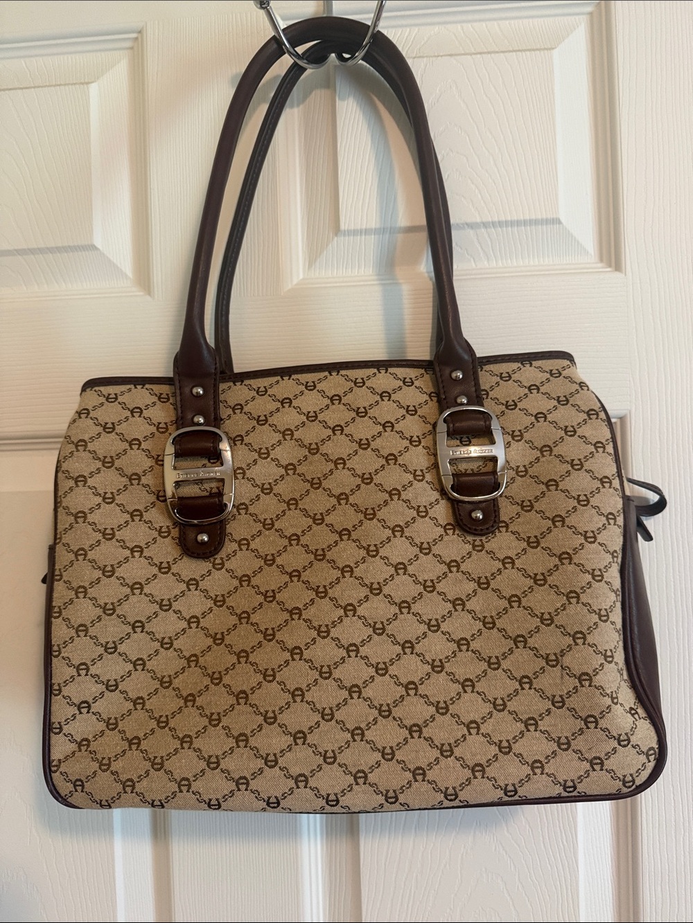 Etienne Aigner Beige and Brown Logo Shoulder Bag